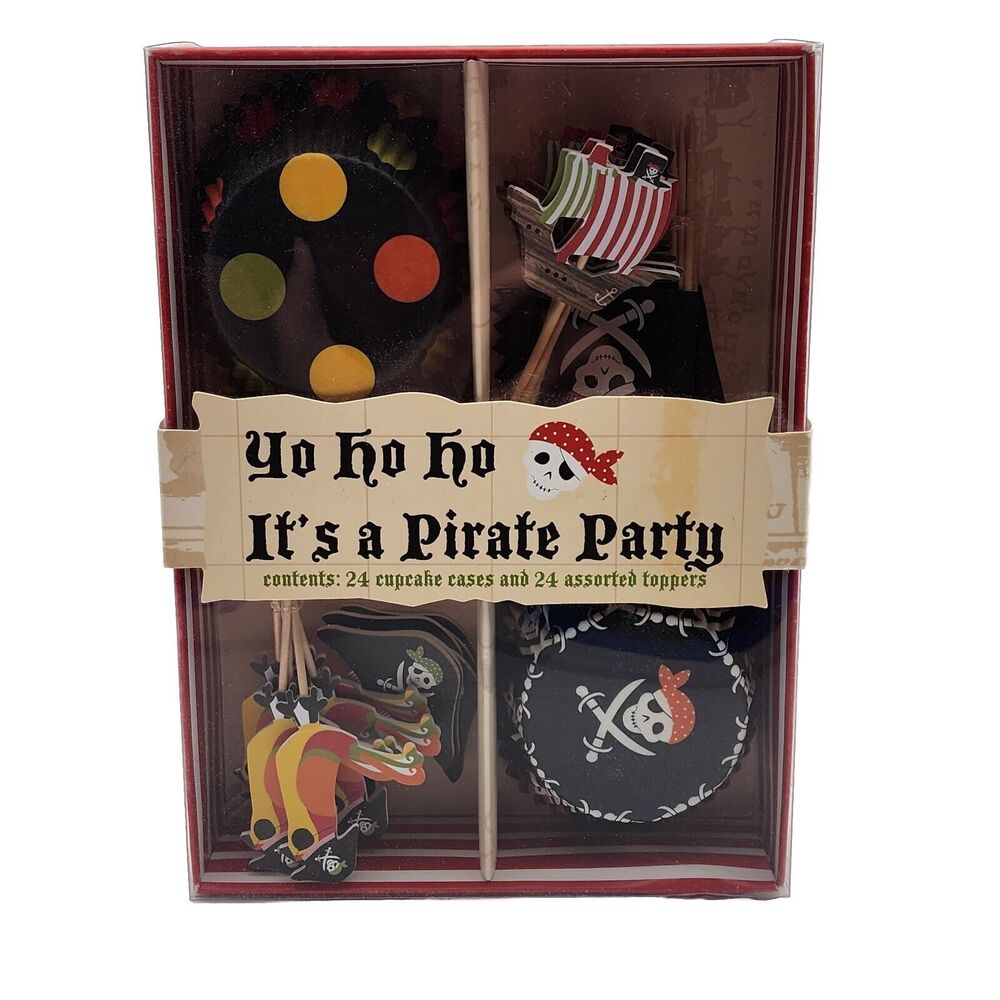 MERI MERI Pirate Party CUPCAKE KIT RED BLACK (24) cupcake cases and toppers NIP